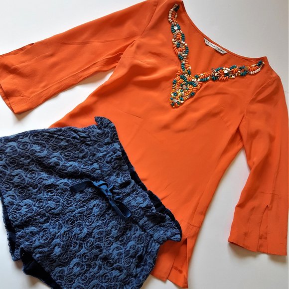 👚Trina Turk  100% Silk Orange Beaded V Neck Tunic Top Blouse - Picture 3 of 14